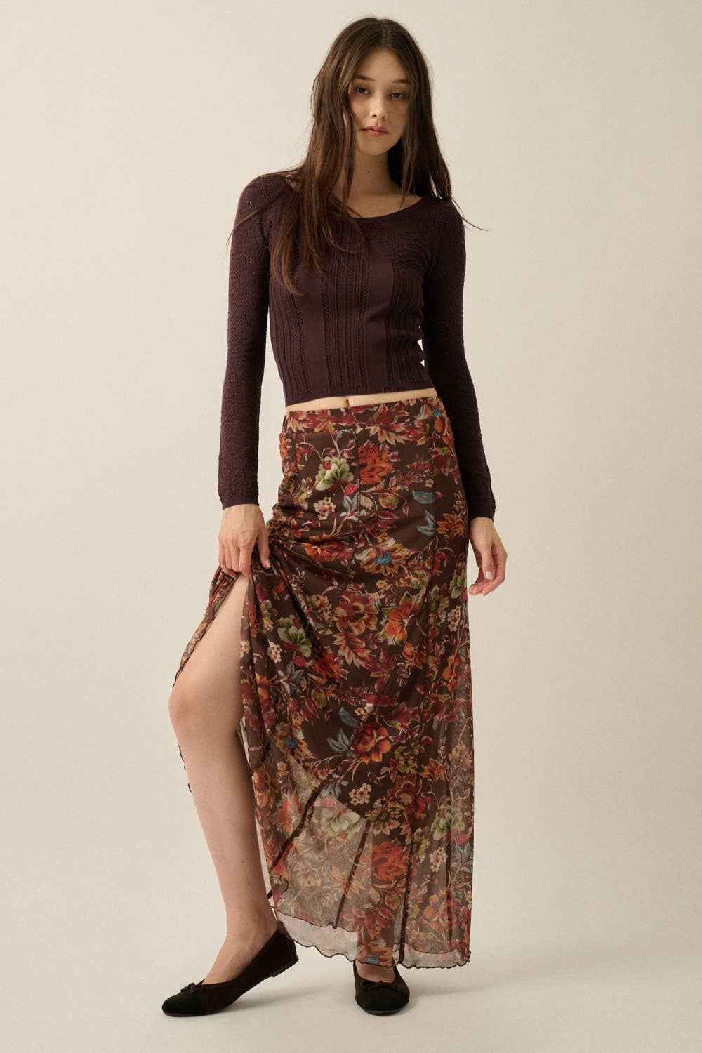 Floral Pointelle Fitted Long Sleeve Top