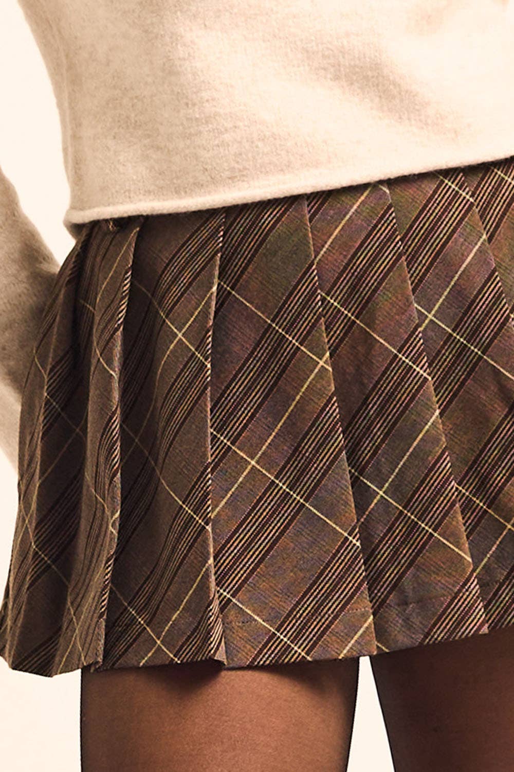 Plaid Bias-Cut Pleated Pocket Mini Skort