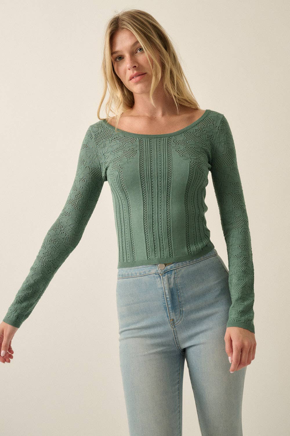 Floral Pointelle Fitted Long Sleeve Top
