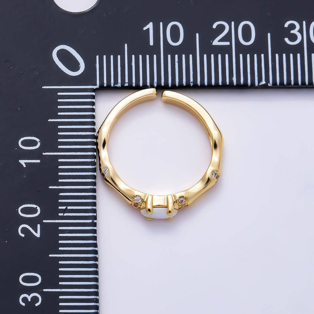 16K Gold Filled Oval White Opal Organic Bamboo Clear CZ Adjustable Ring