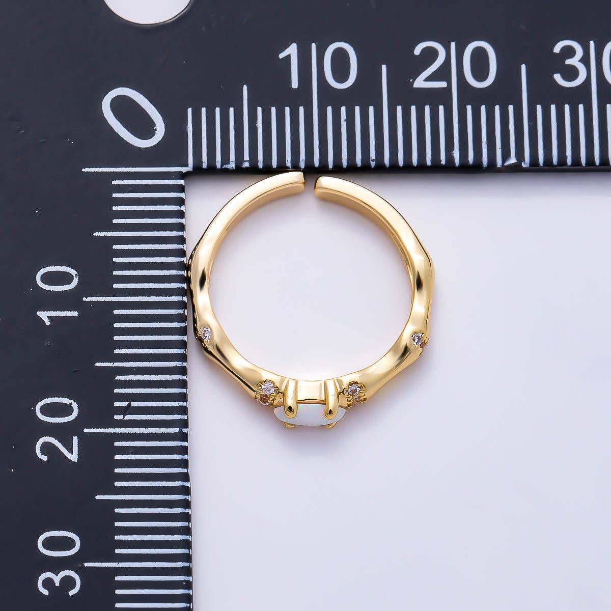 16K Gold Filled Oval White Opal Organic Bamboo Clear CZ Adjustable Ring