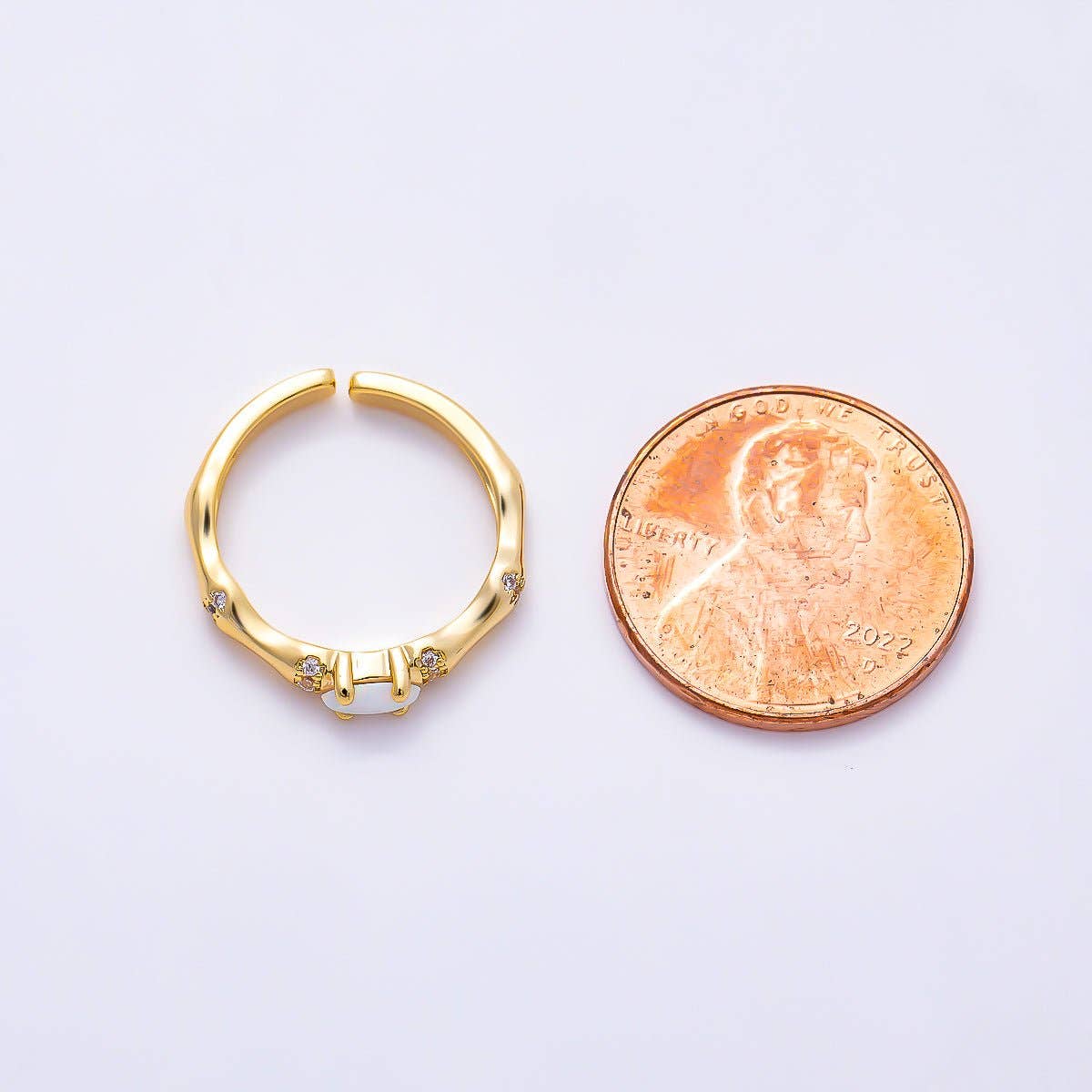 16K Gold Filled Oval White Opal Organic Bamboo Clear CZ Adjustable Ring