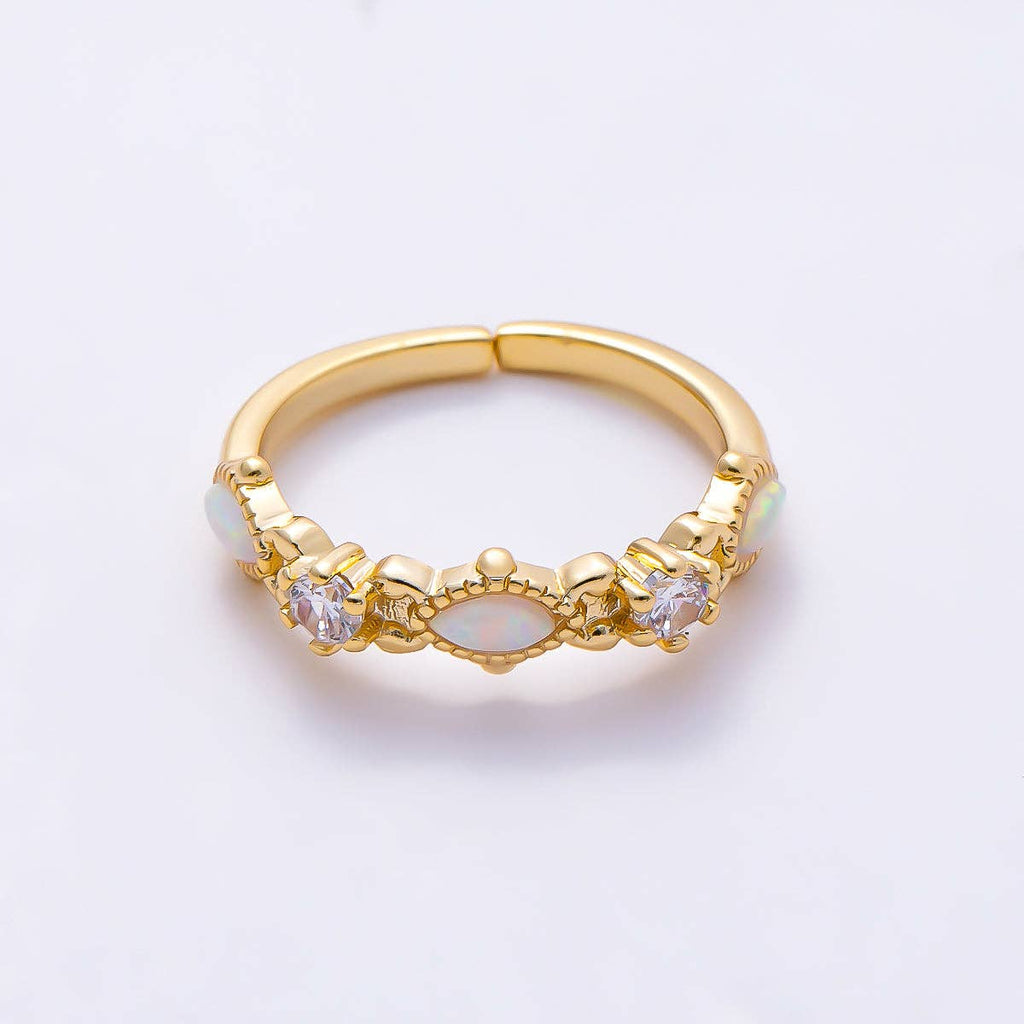 16K Gold Filled Vintage Marquise White Opal & Round Clear CZ Adjustable Pinky Ring