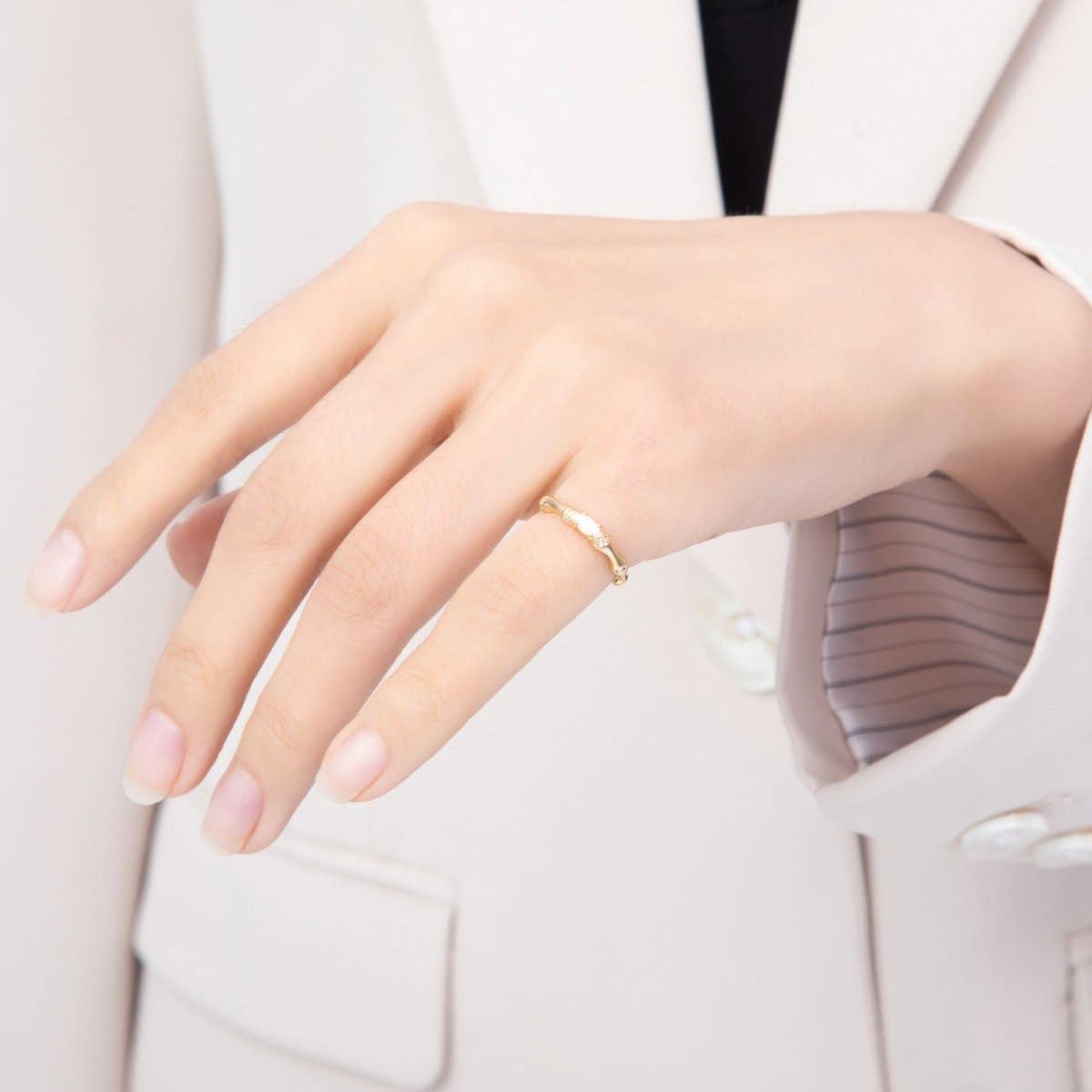 16K Gold Filled Oval White Opal Organic Bamboo Clear CZ Adjustable Ring