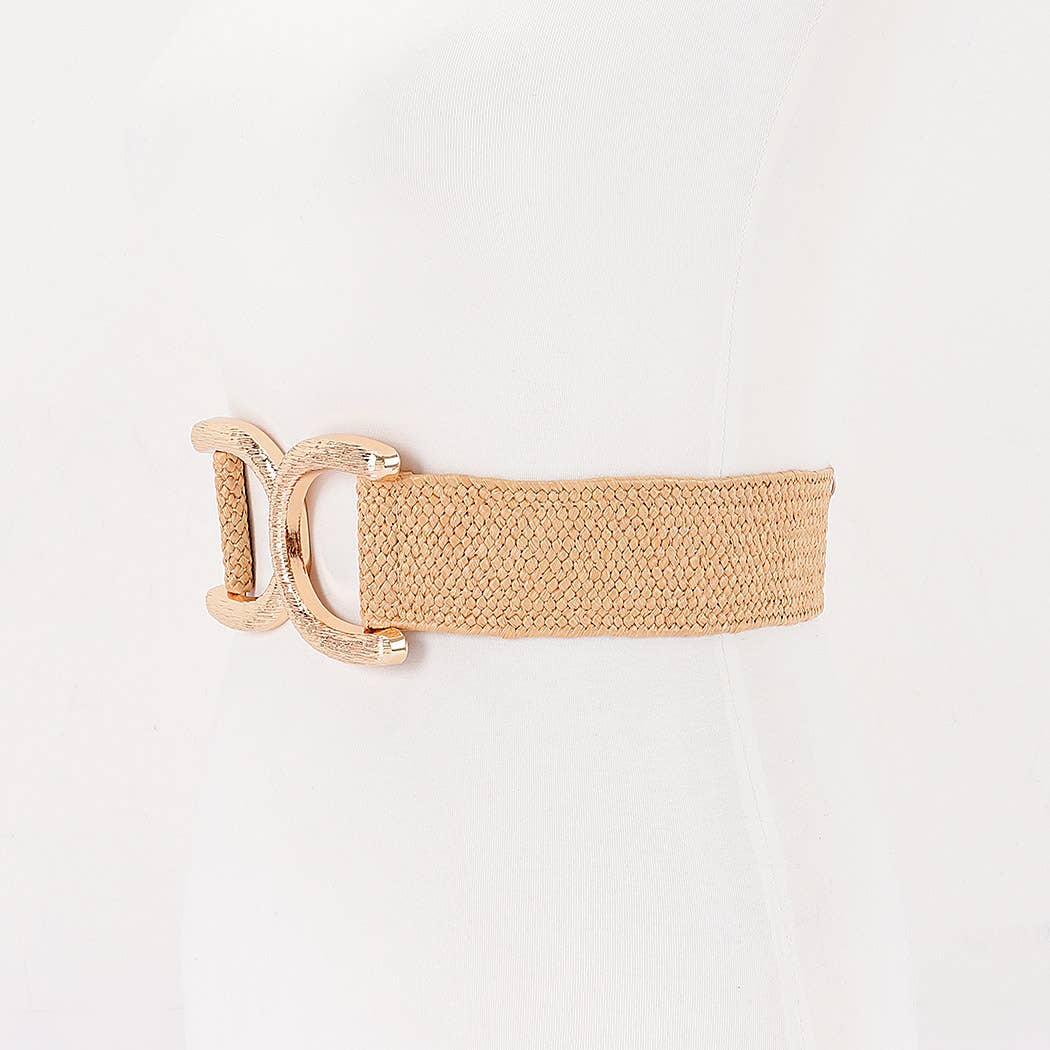 Faux Straw Big Metal Buckle Elastic Belt