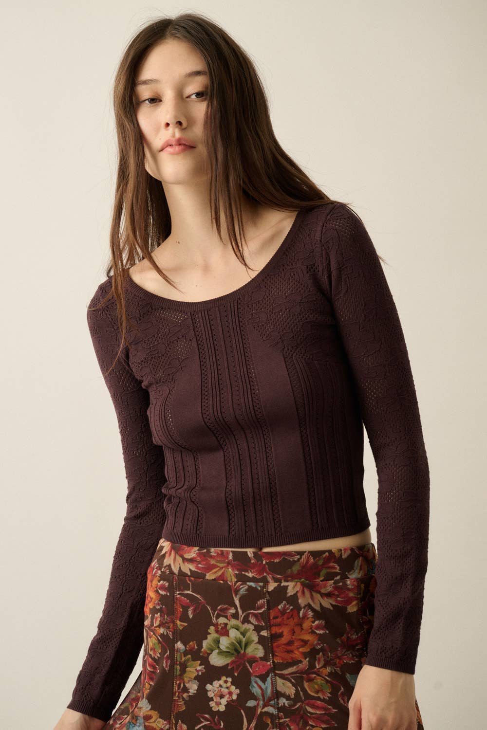 Floral Pointelle Fitted Long Sleeve Top