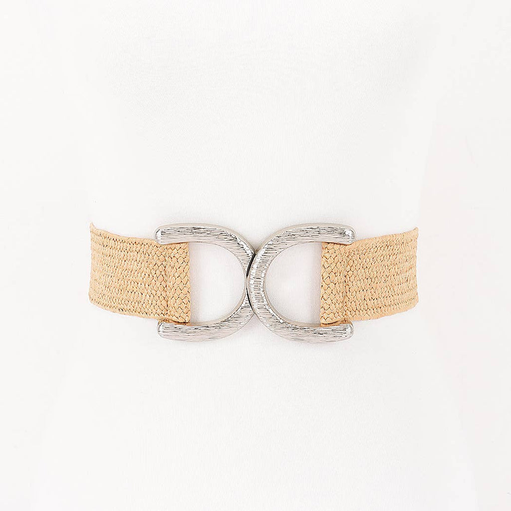 Faux Straw Big Metal Buckle Elastic Belt