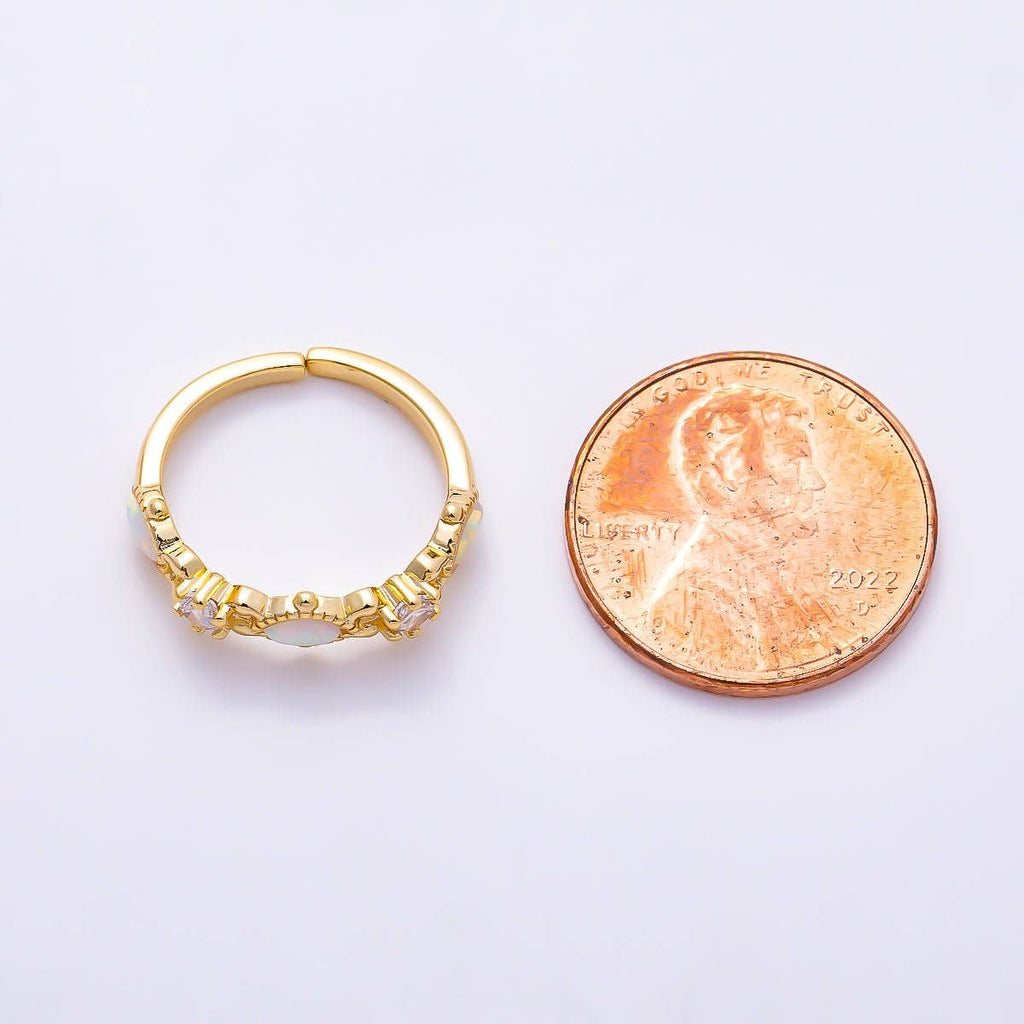16K Gold Filled Vintage Marquise White Opal & Round Clear CZ Adjustable Pinky Ring