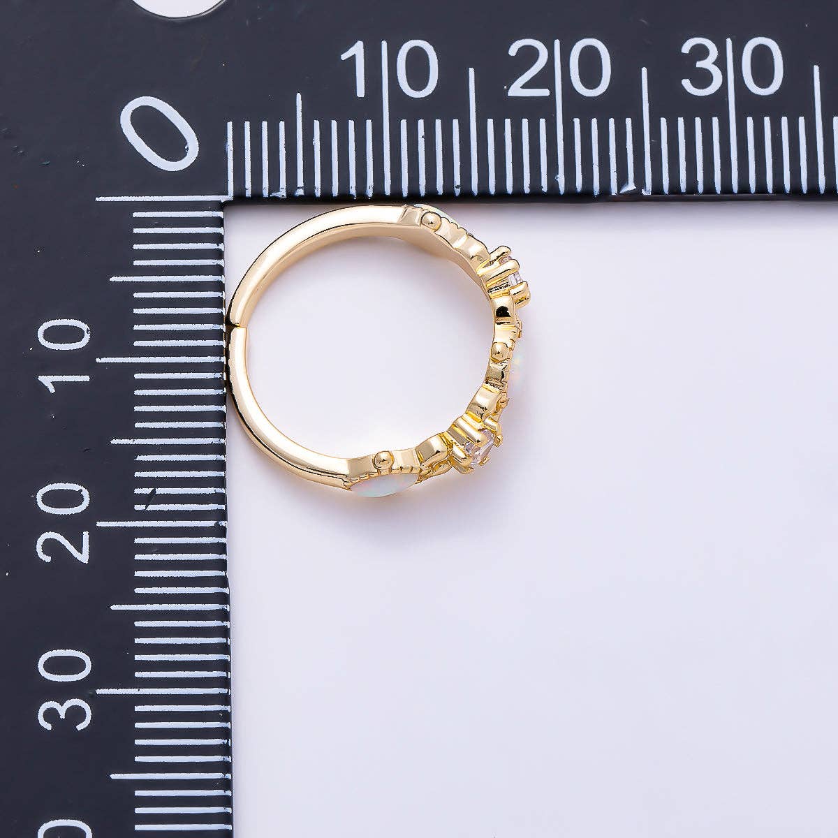 16K Gold Filled Vintage Marquise White Opal & Round Clear CZ Adjustable Pinky Ring