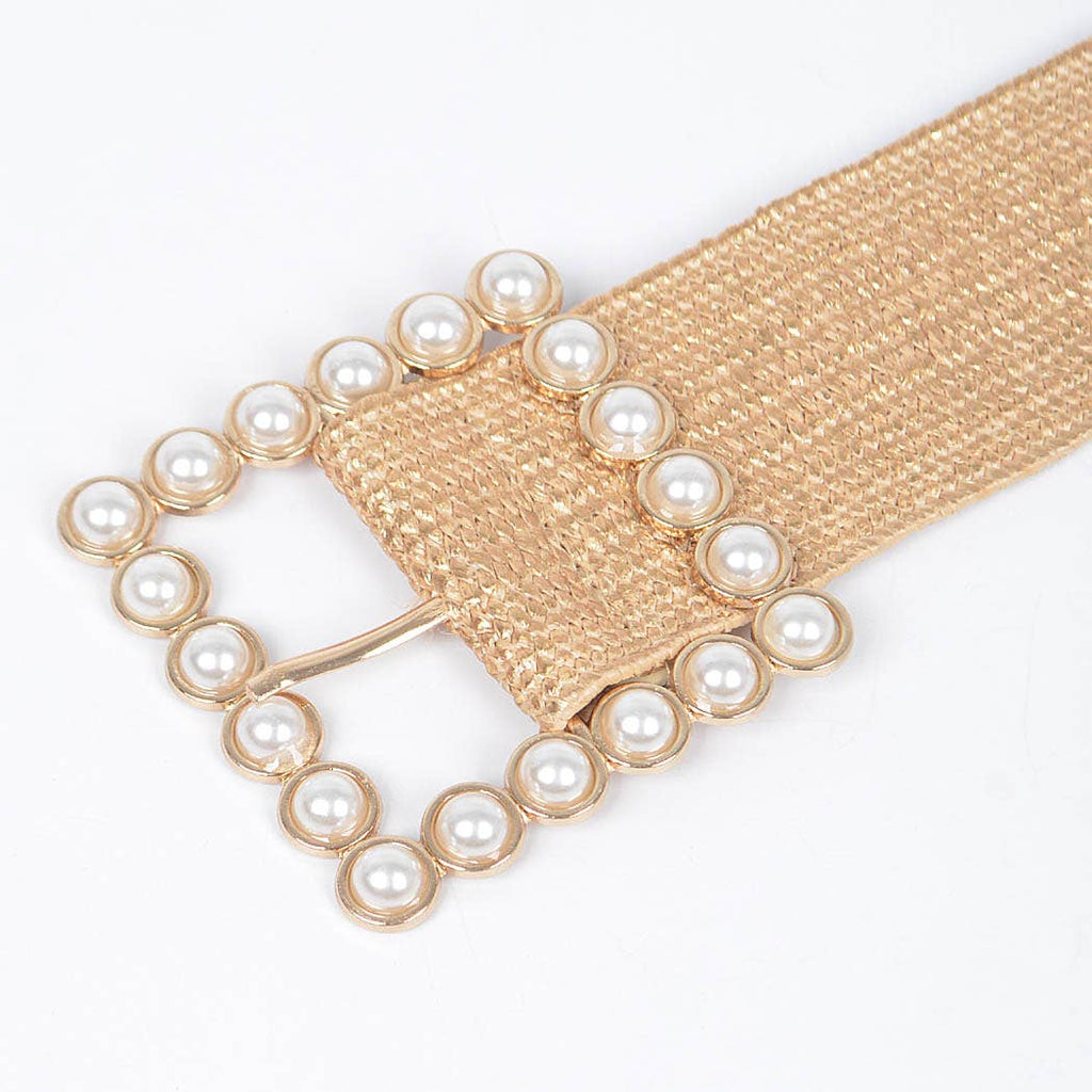 Wide Pearl Metallic Buckle Elastic Belt