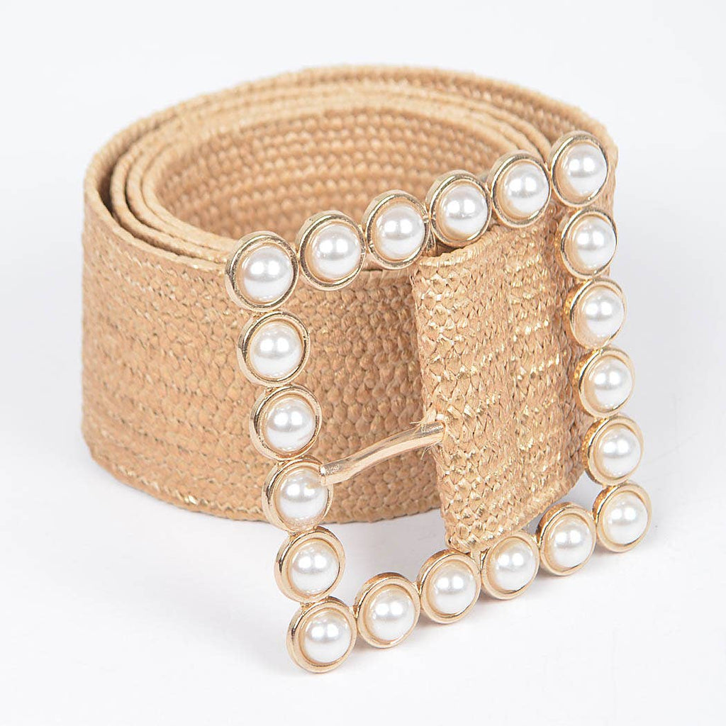 Wide Pearl Metallic Buckle Elastic Belt
