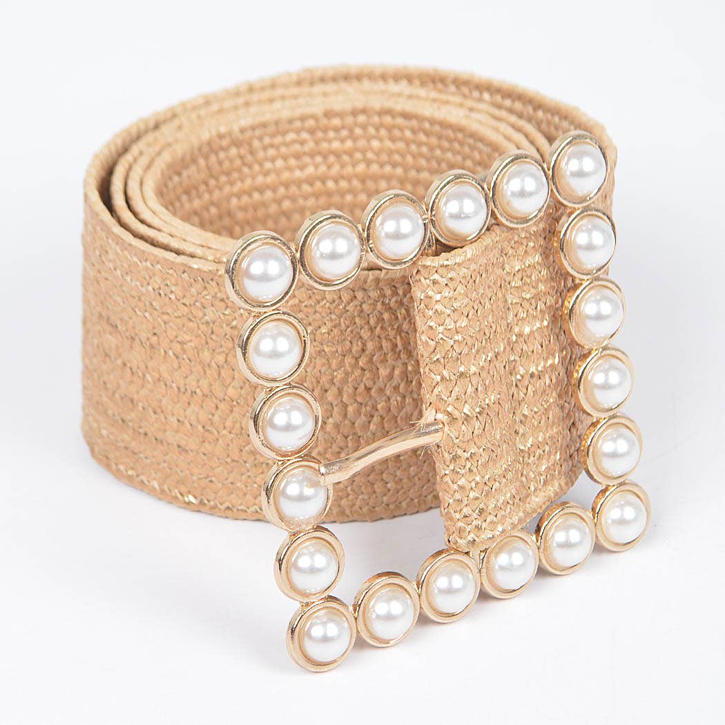 Wide Pearl Metallic Buckle Elastic Belt