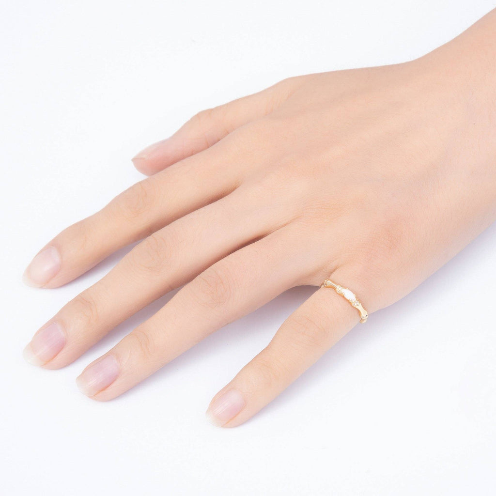 16K Gold Filled Oval White Opal Organic Bamboo Clear CZ Adjustable Ring