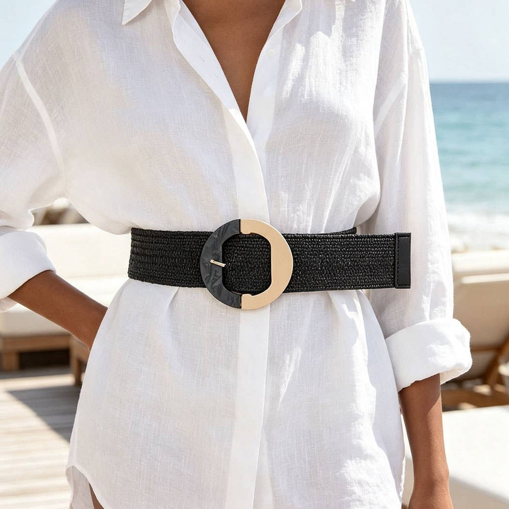 Faux Straw Metal Buckle Stretch Belt