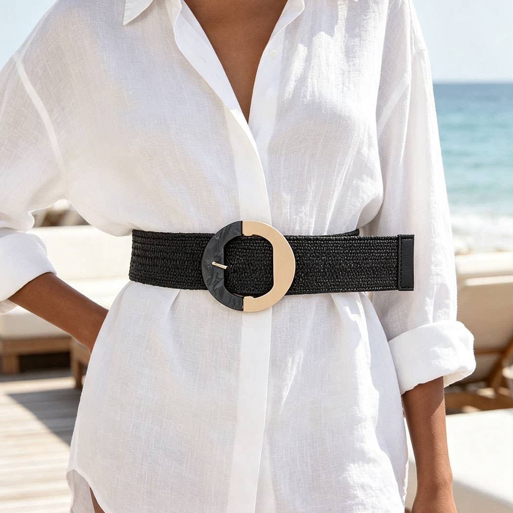 Faux Straw Metal Buckle Stretch Belt