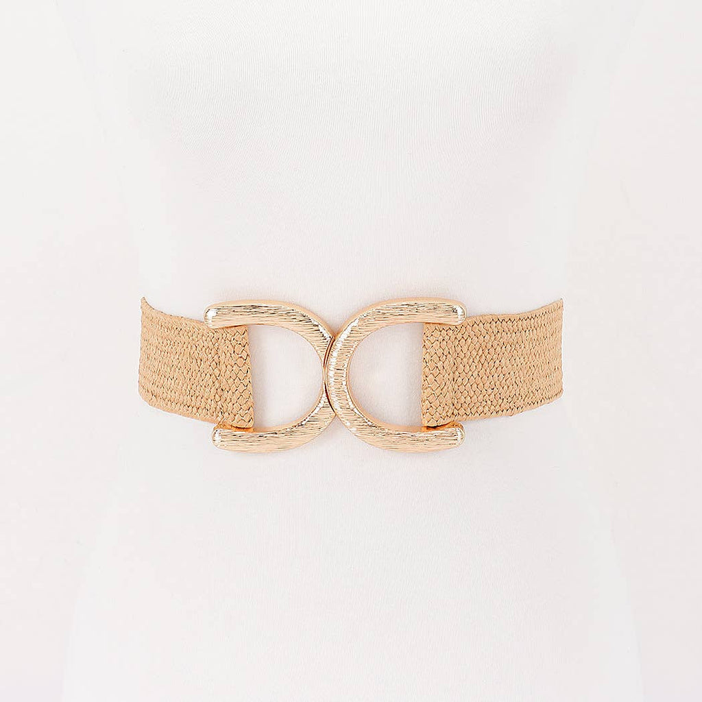 Faux Straw Big Metal Buckle Elastic Belt