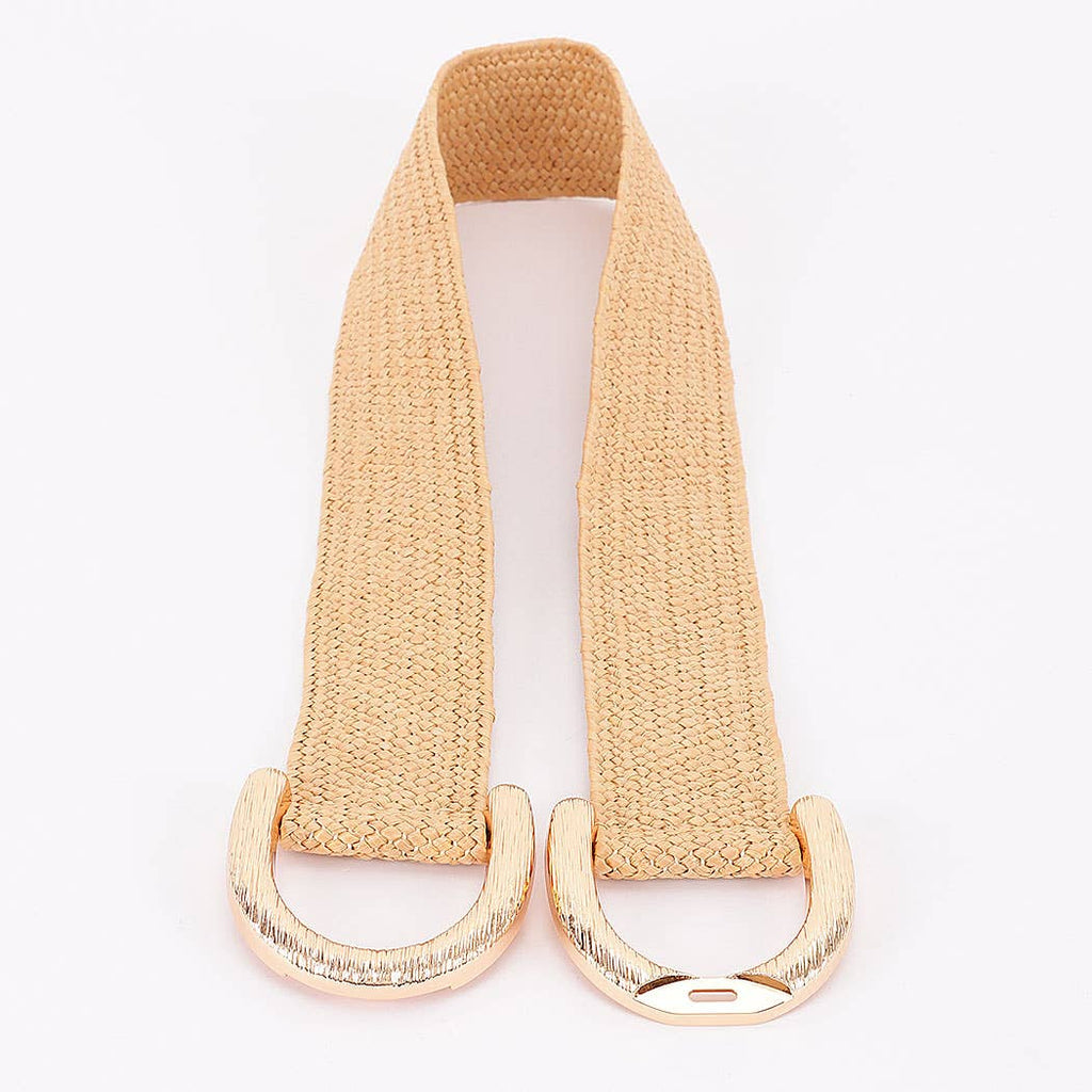 Faux Straw Big Metal Buckle Elastic Belt