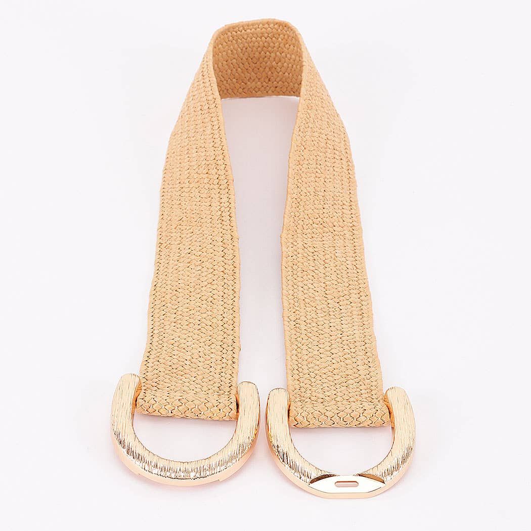 Faux Straw Big Metal Buckle Elastic Belt
