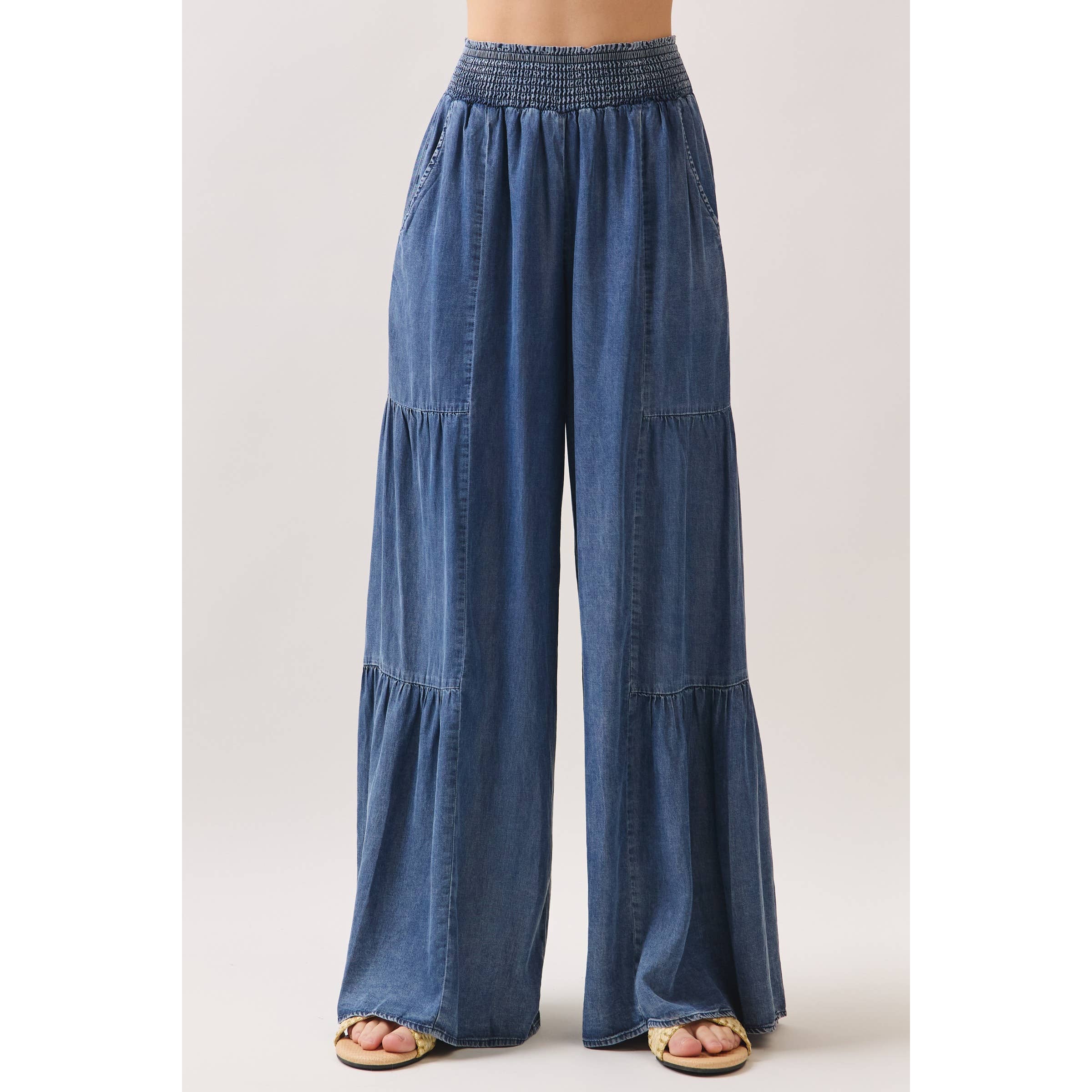 DENIM TENCEL WIDE LEG PANTS
