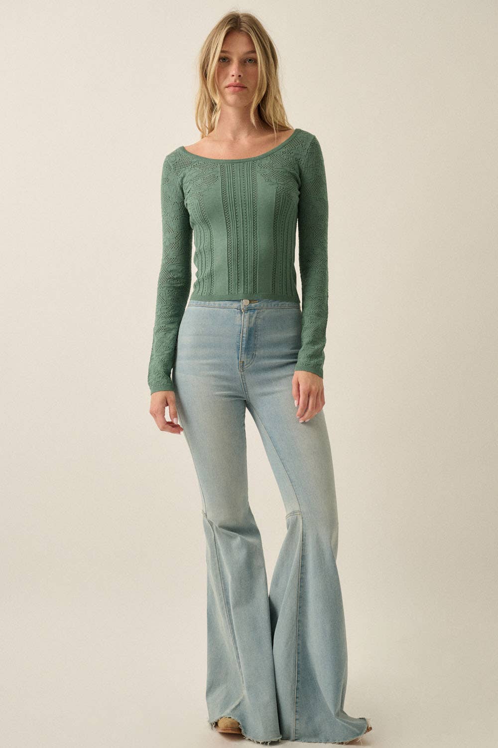 Floral Pointelle Fitted Long Sleeve Top