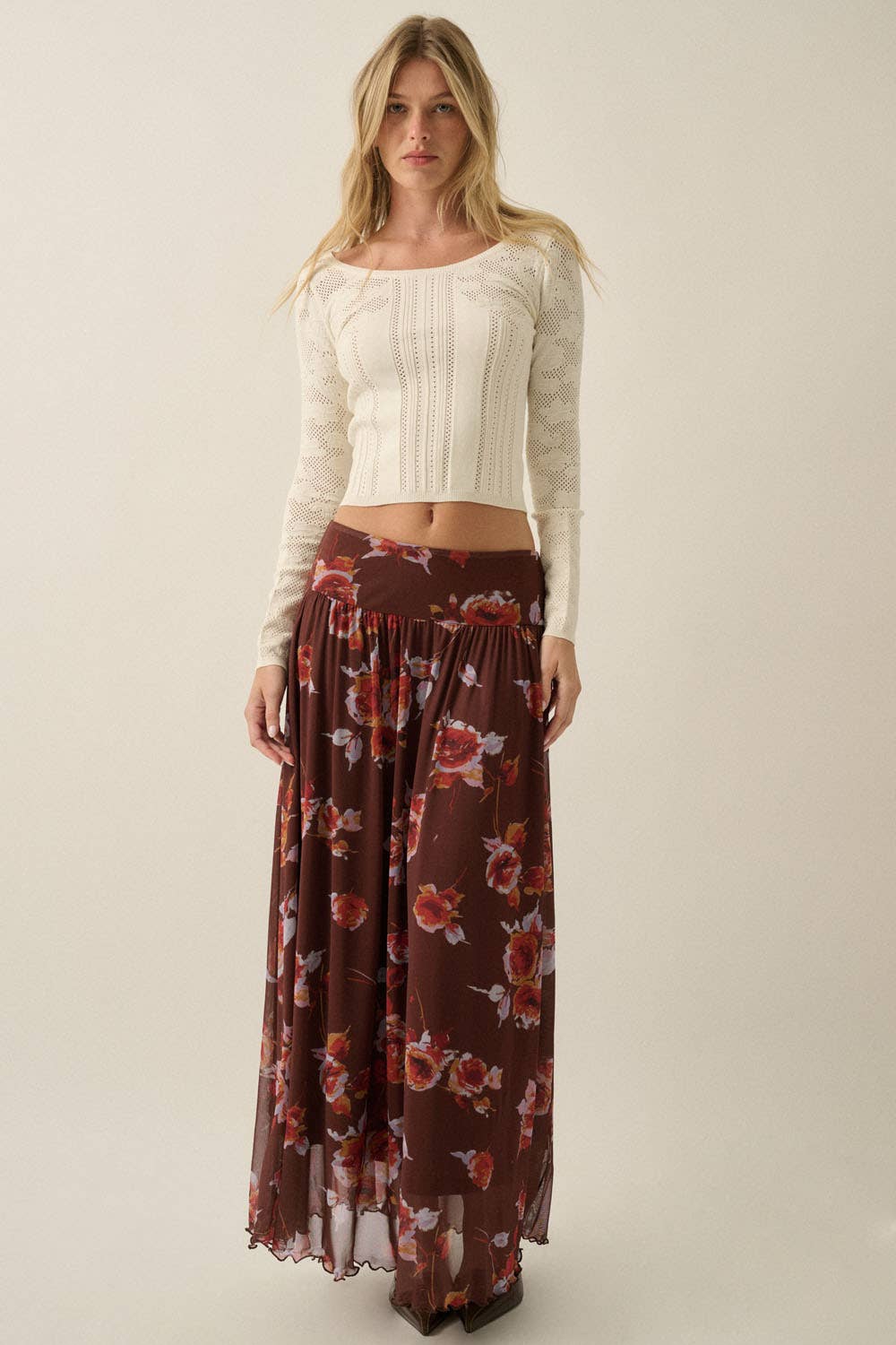 Floral Pointelle Fitted Long Sleeve Top