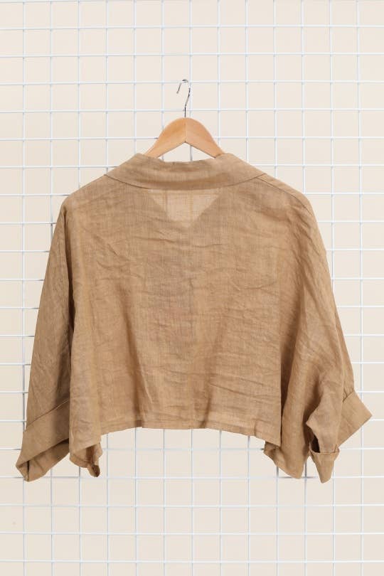 SHORT LINEN JACKET/SHIRT: CAMEL