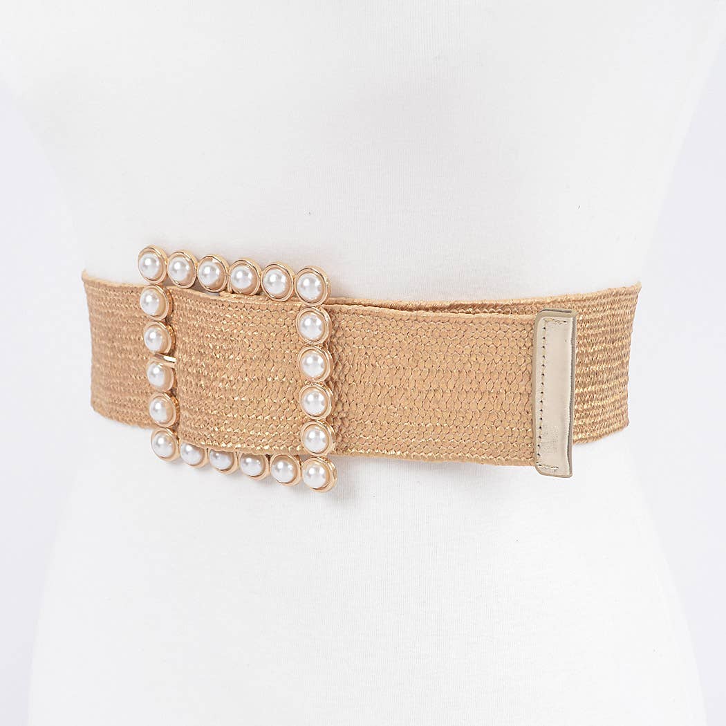 Wide Pearl Metallic Buckle Elastic Belt