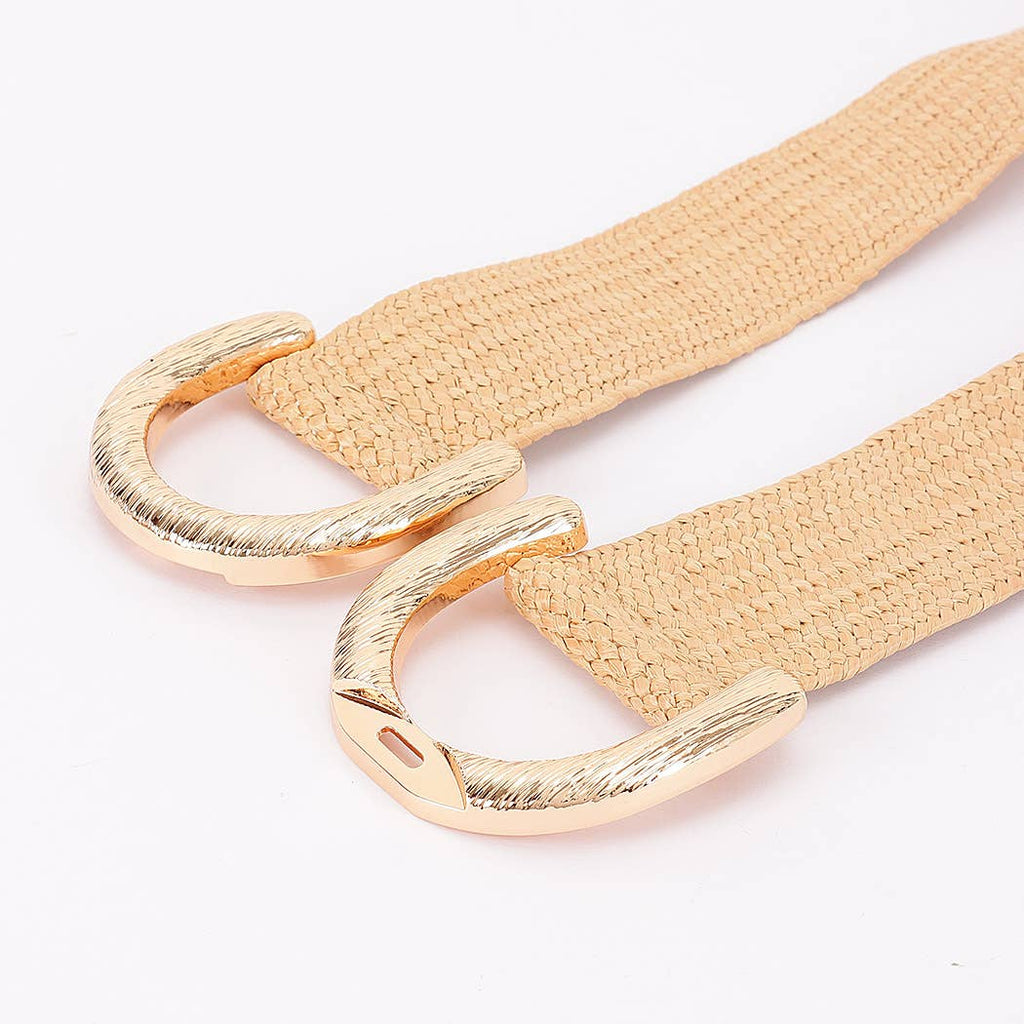Faux Straw Big Metal Buckle Elastic Belt