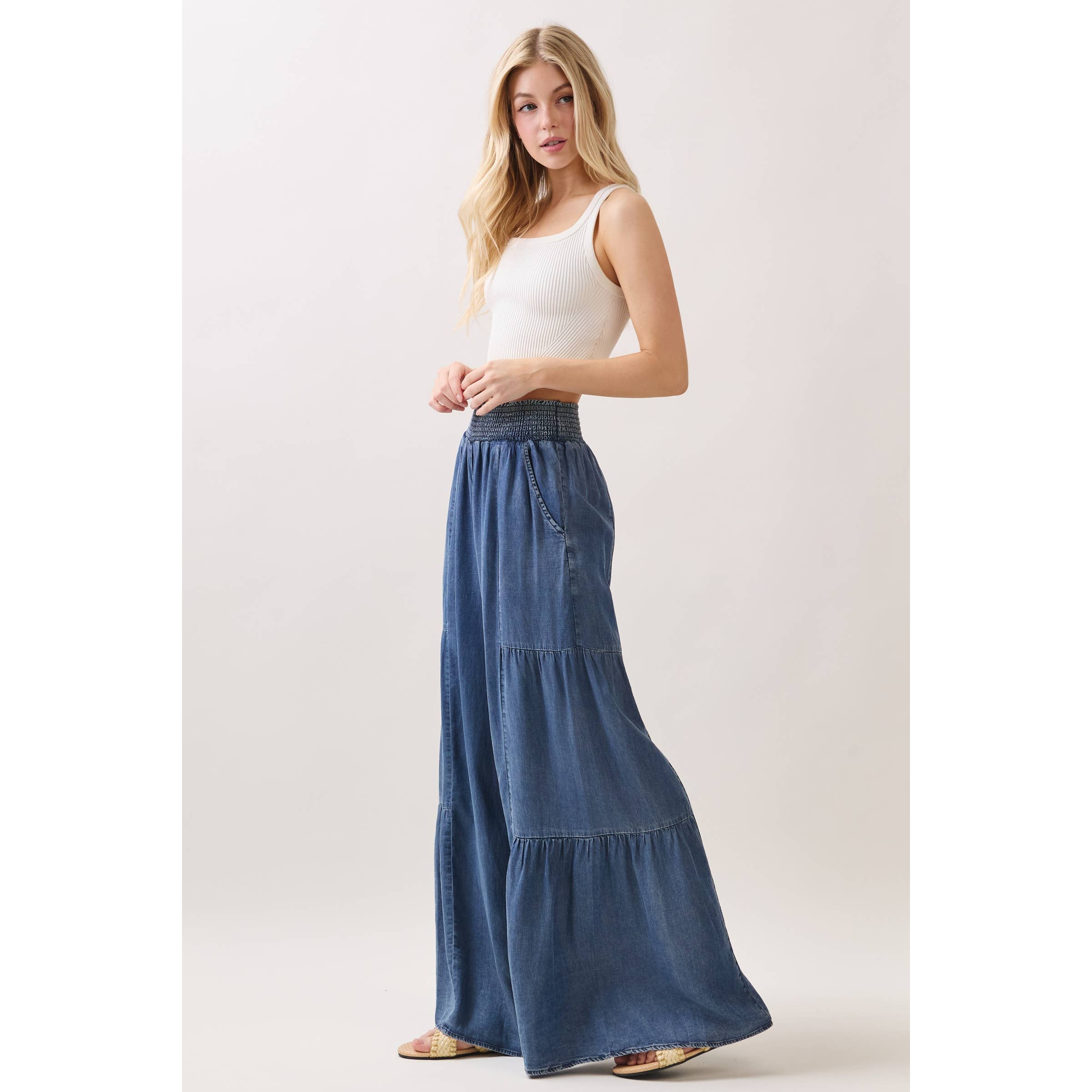 DENIM TENCEL WIDE LEG PANTS