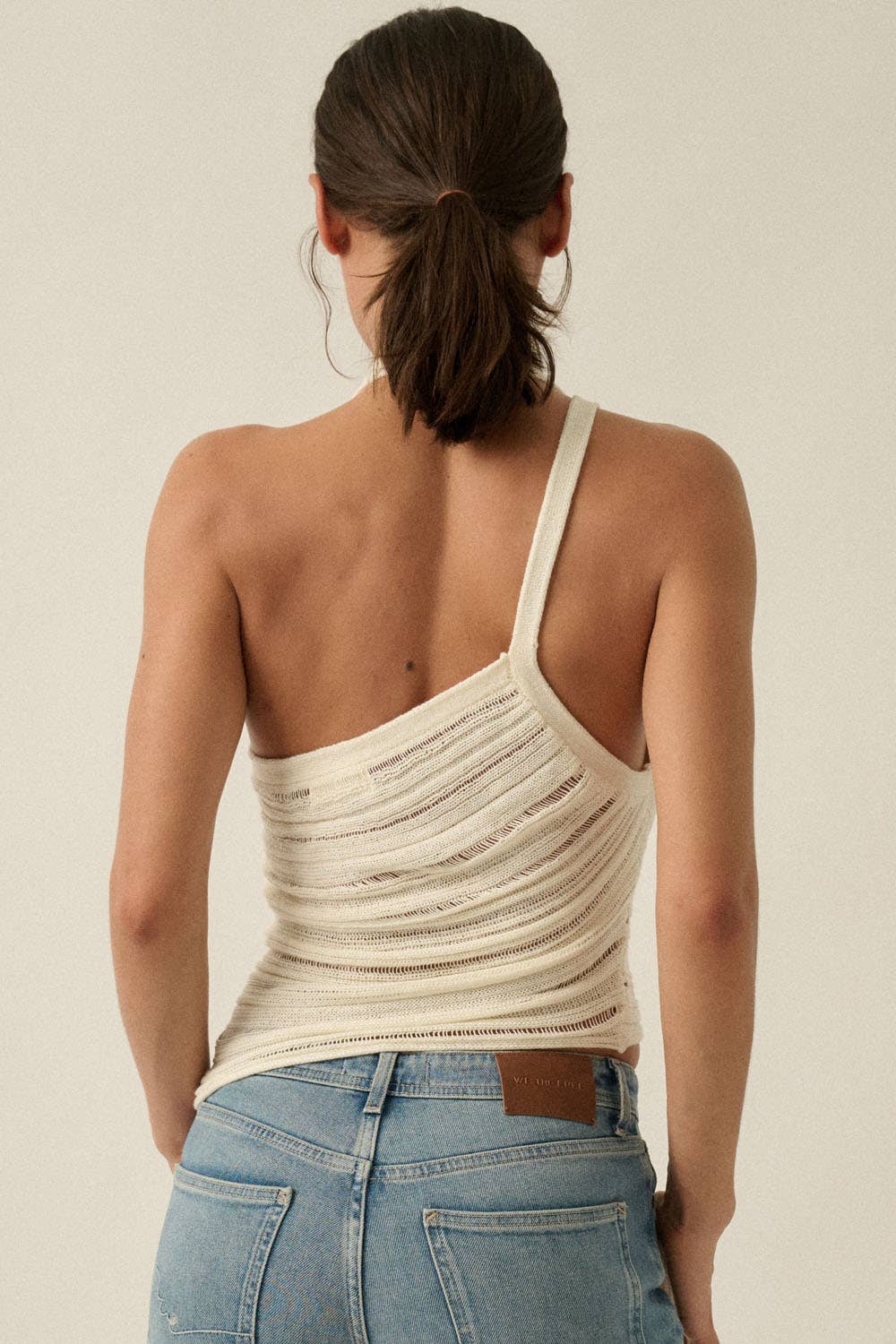 Semi-Sheer Ladder-Knit Asymmetrical Halter Sweater Tank Top