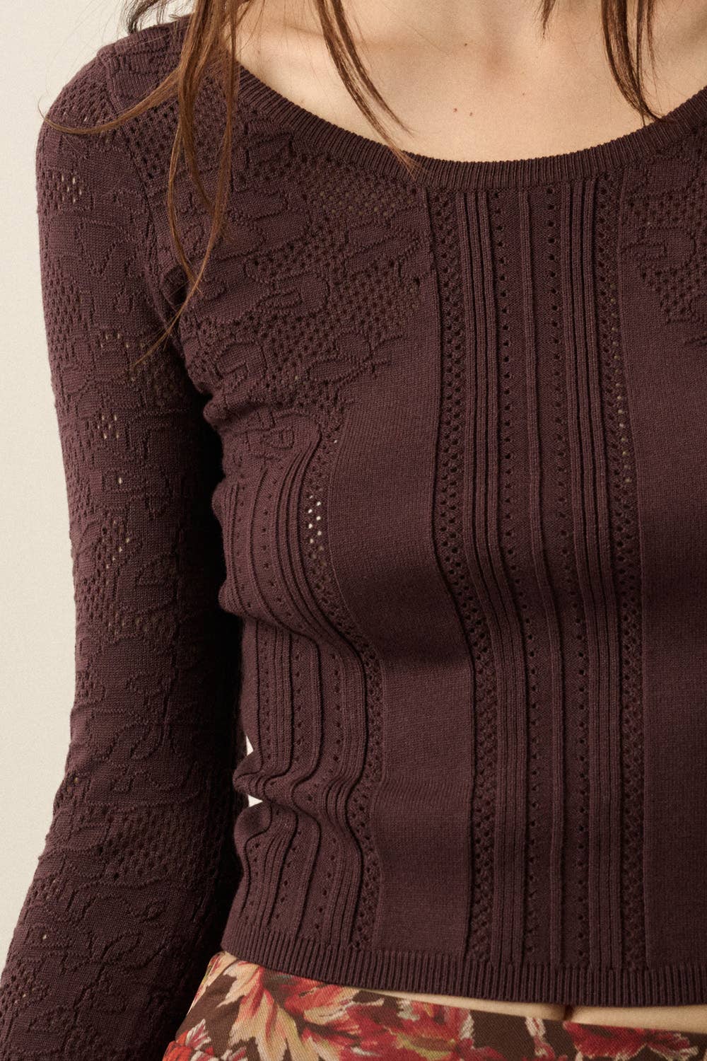 Floral Pointelle Fitted Long Sleeve Top