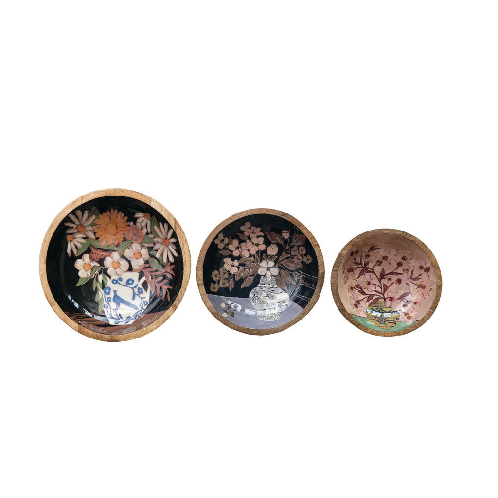 Enameled Mango Wood Bowls with Flowers in Vase