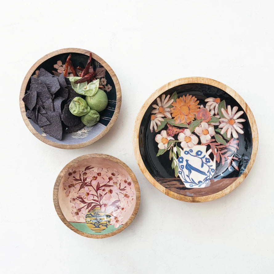 Enameled Mango Wood Bowls with Flowers in Vase