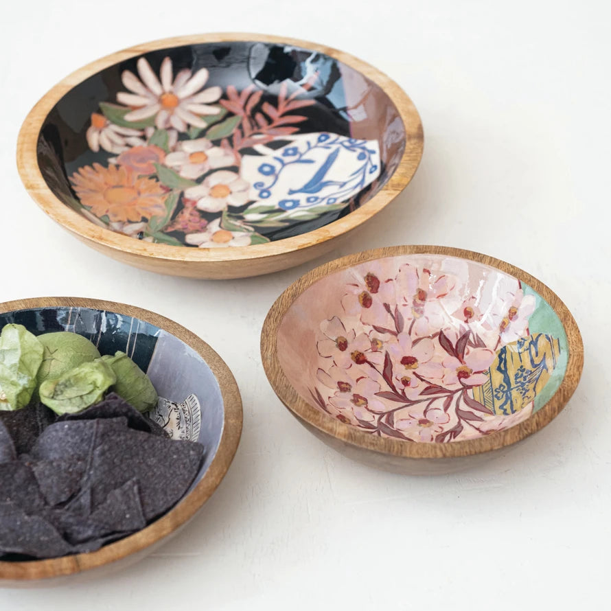 Enameled Mango Wood Bowls with Flowers in Vase