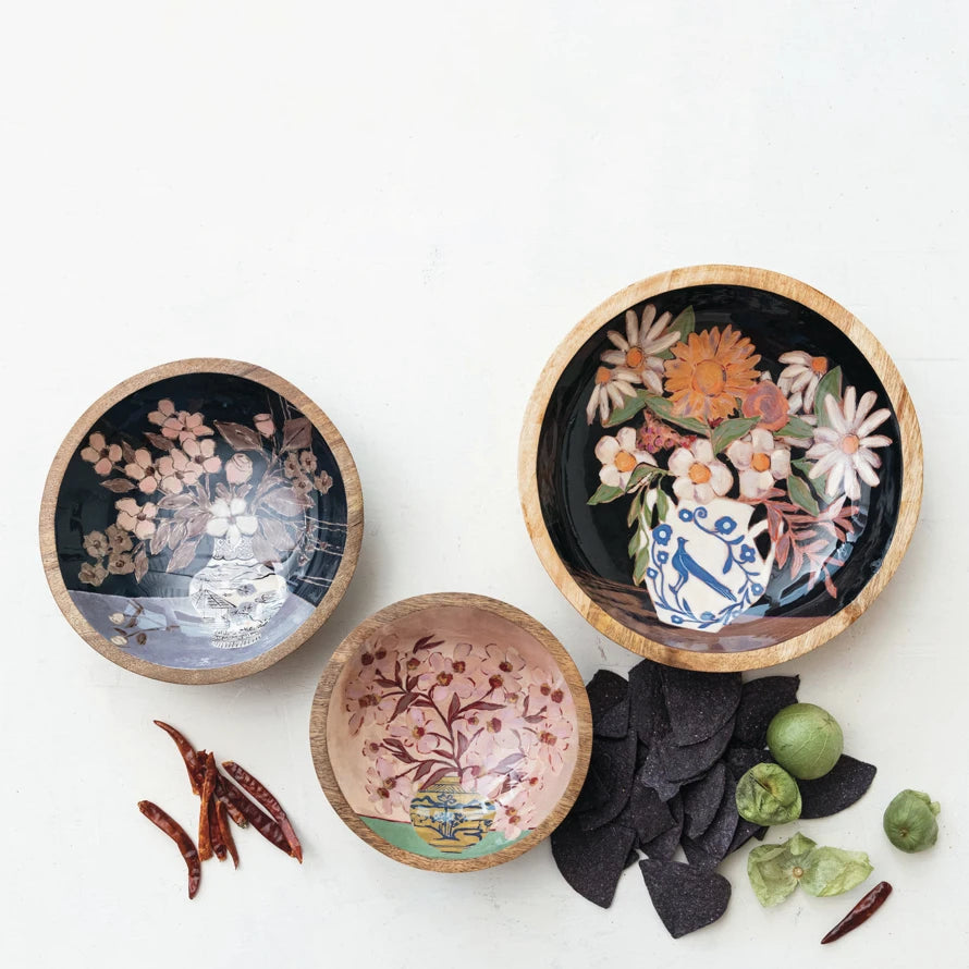 Enameled Mango Wood Bowls with Flowers in Vase