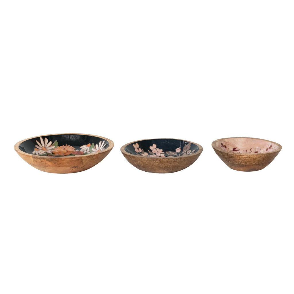 Enameled Mango Wood Bowls with Flowers in Vase