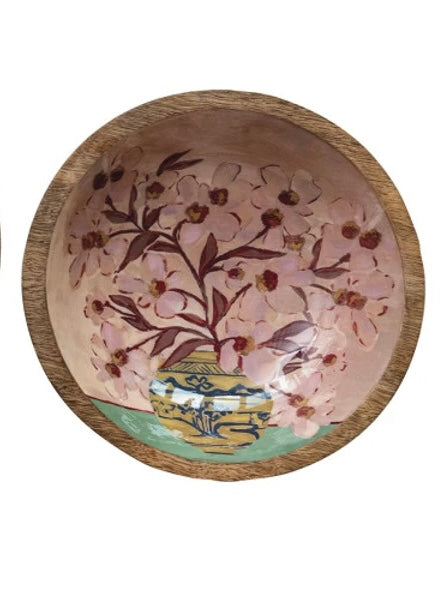 Enameled Mango Wood Bowls with Flowers in Vase