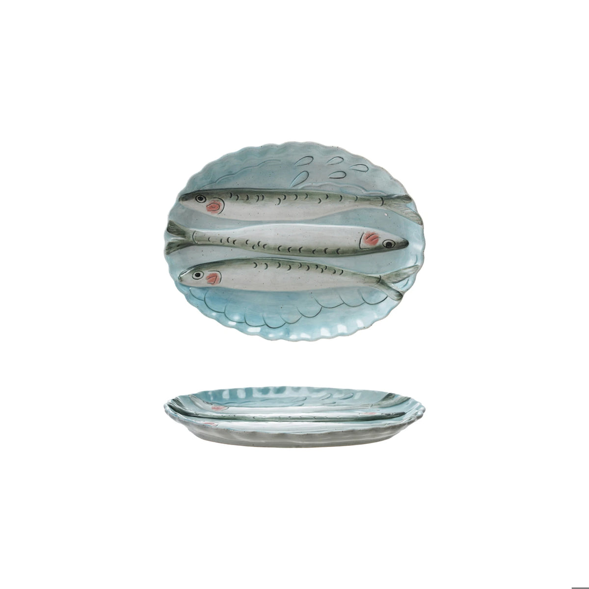 Oval stoneware scalloped plate with 3D fish image