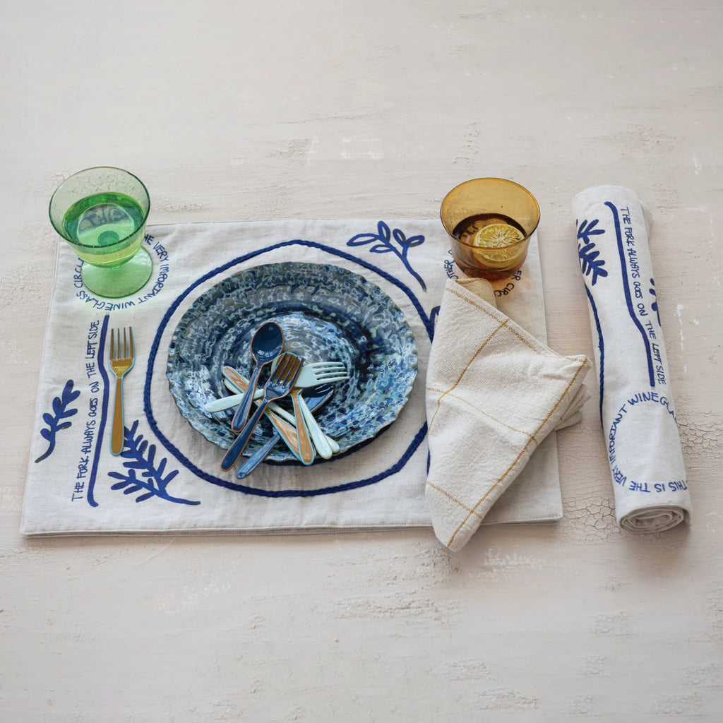 Embroidered Woven Cotton and Linen Placemat