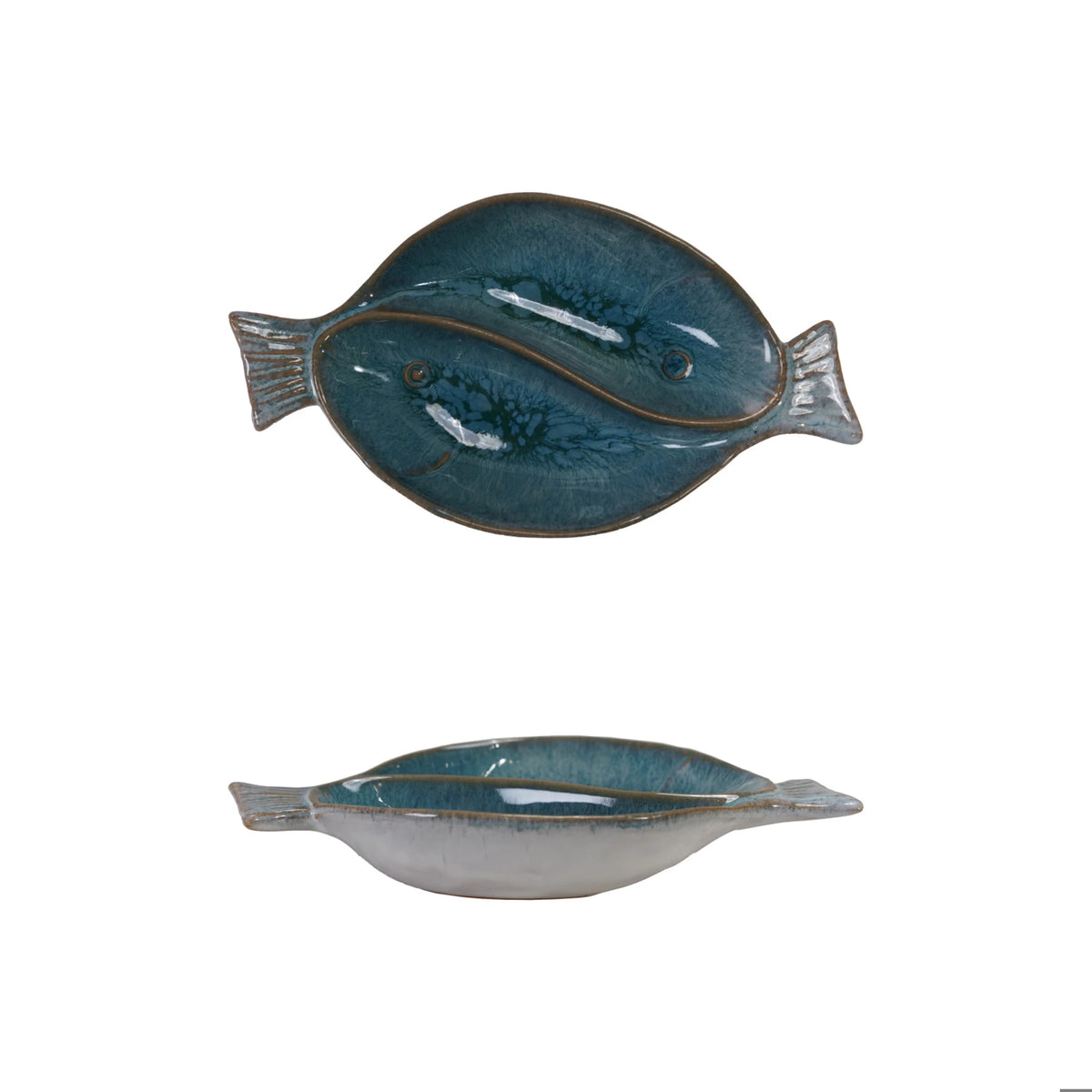 Blue stoneware fish shaped dish with 2 sections