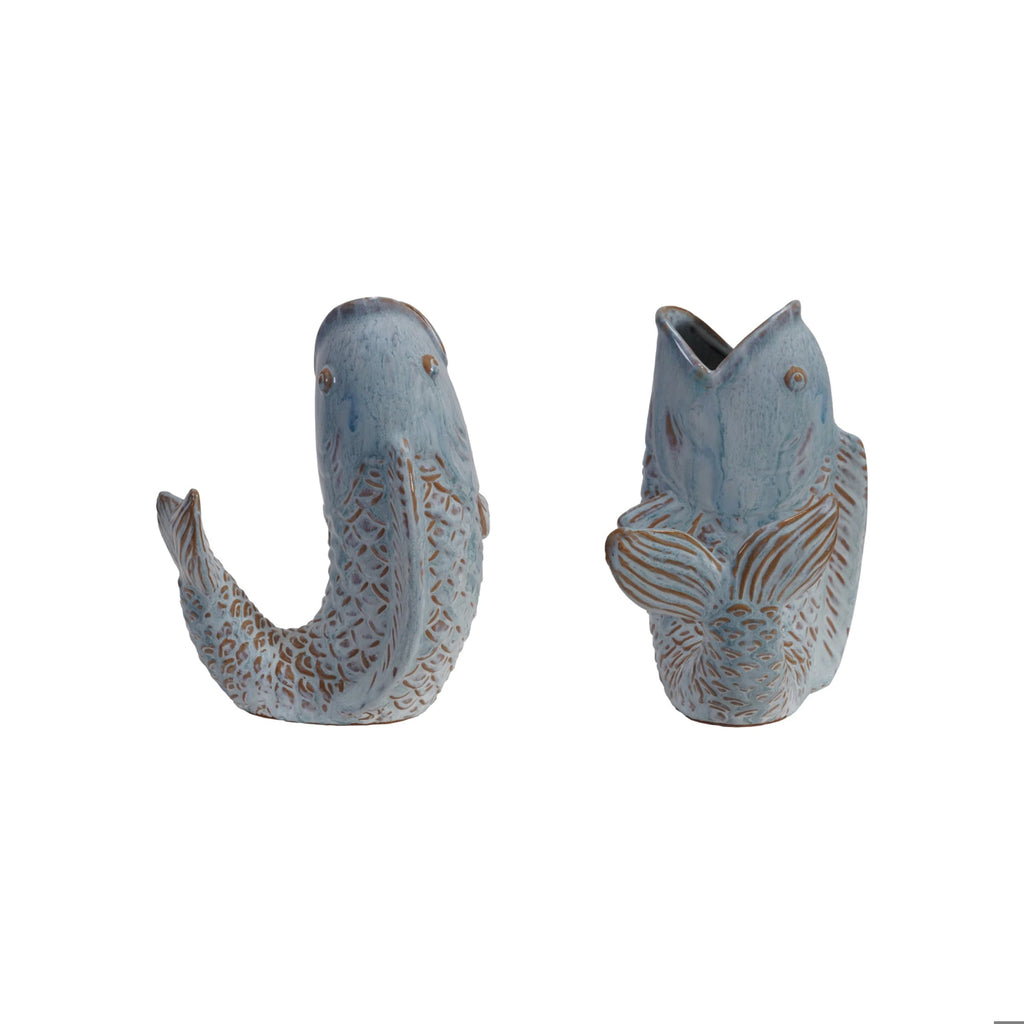 Blue stoneware fish shaped vase, reactive glaze