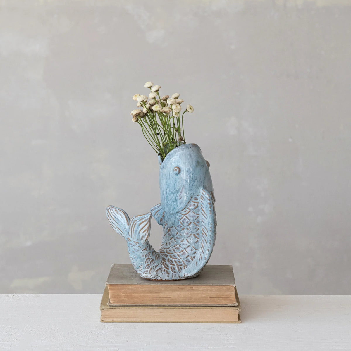 Blue stoneware fish shaped vase – view 2