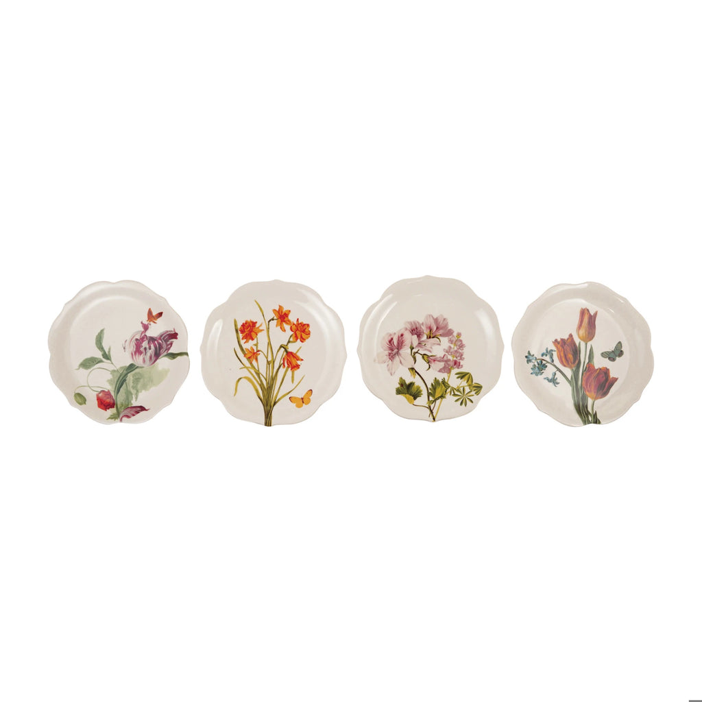 Scalloped stoneware plate with hand-painted flowers