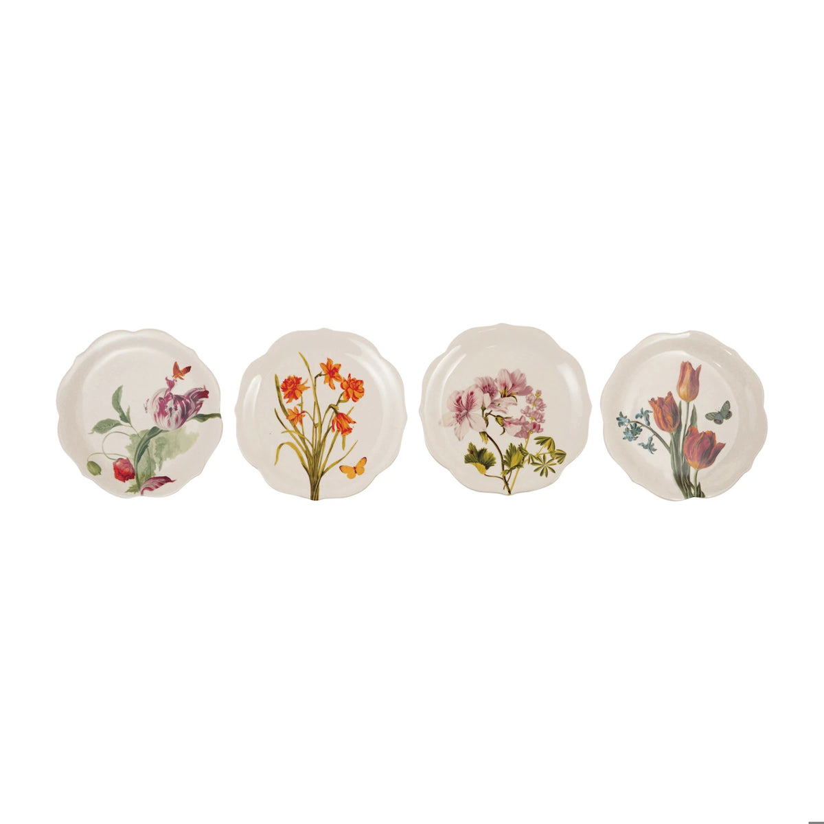 Scalloped stoneware plate with hand-painted flowers