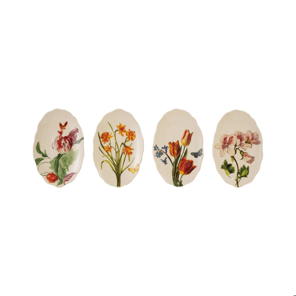 Scalloped stoneware oval plate with painted flowers