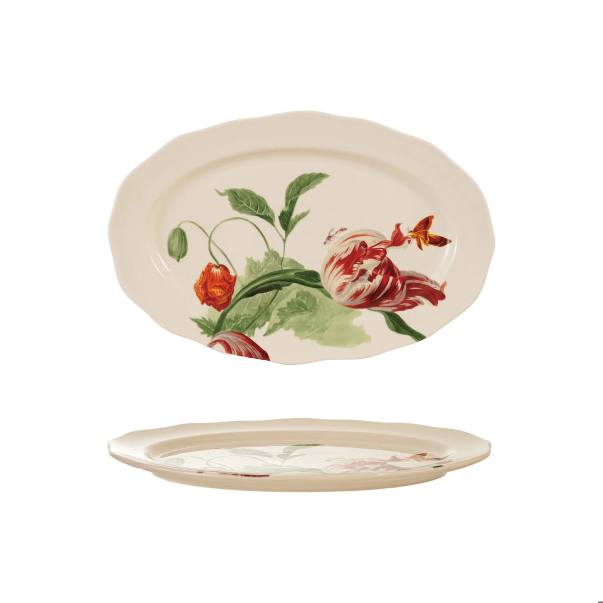 Scalloped stoneware serving platter with hand-painted flowers
