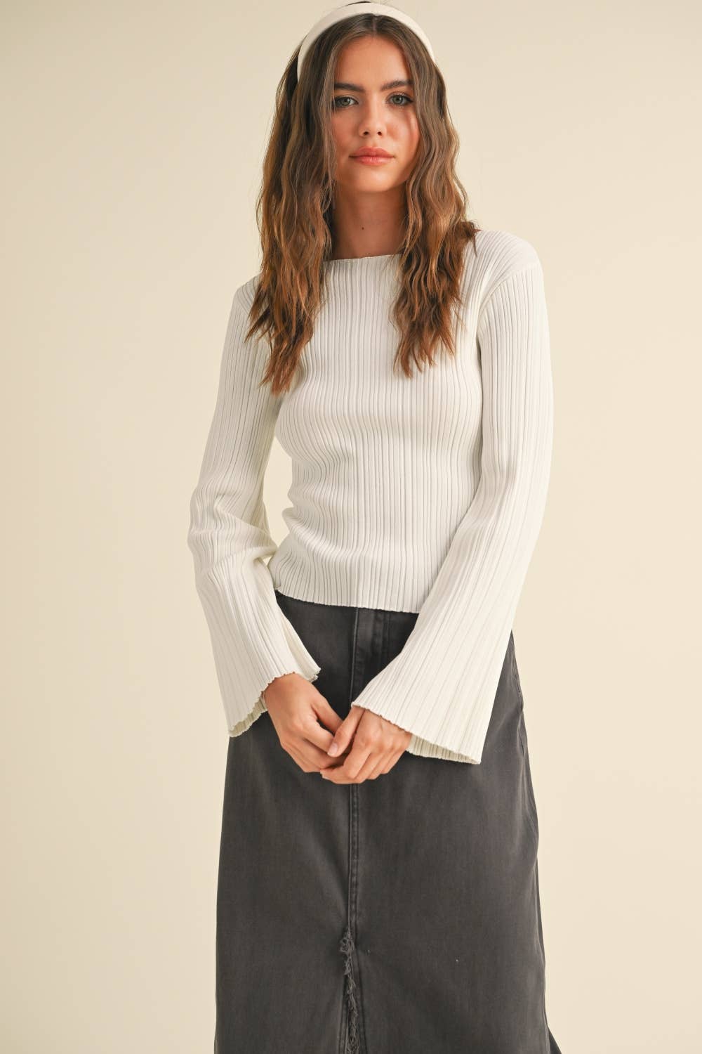 Ribbed long sleeve knit top – view 2