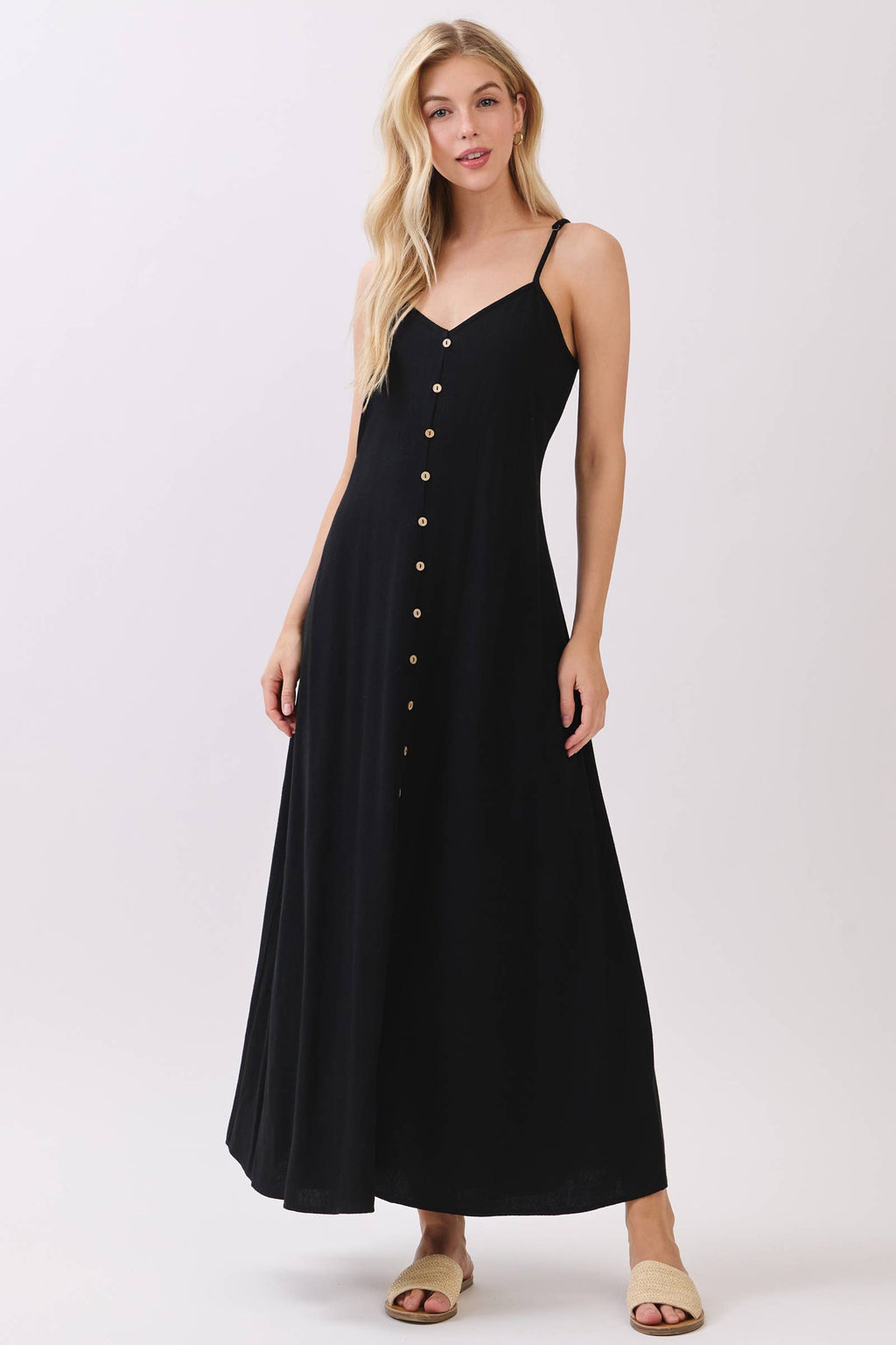 FLOWY DRESS/BUTTONED TRIM AND SLIT