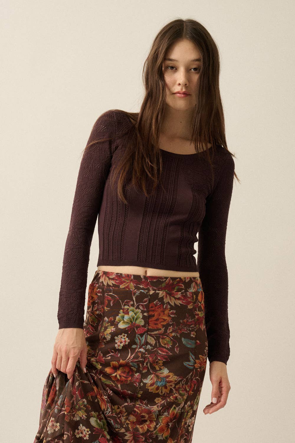 Floral Pointelle Fitted Long Sleeve Top