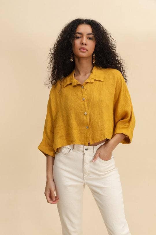 SHORT LINEN JACKET/SHIRT: CAMEL